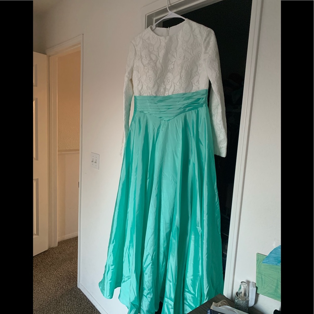 European lace and tafta white and pistachio dress